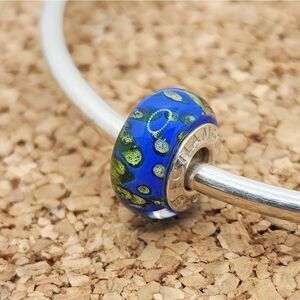 AUTHENTIC STERLING SILVER BLUE W/ GREEN DOTS MURANO CHARM FOR PANDORA